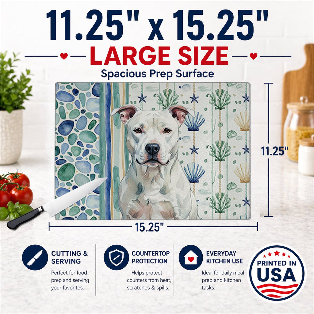 White American Staffordshire Terrier Coastal Sea Glass Cutting Board Tempered Glass Kitchen Cutting Surface, Heat Resistant Chopping, Non-Slip Feet, Food Prep & Serving