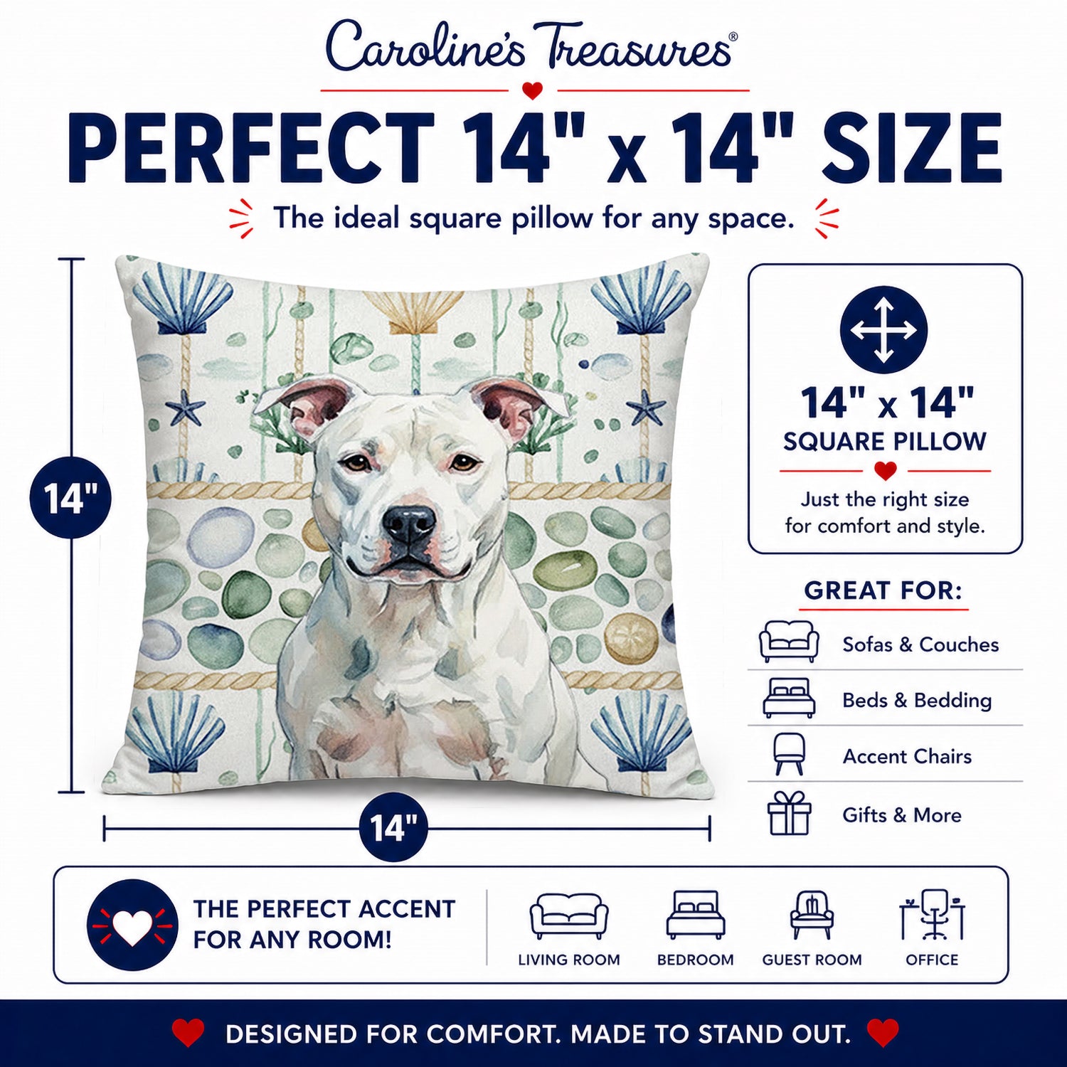 White American Staffordshire Terrier Coastal Sea Glass Decorative Throw Pillow 14x14 Indoor Outdoor Accent Cushion, Fabric Cover with Insert for Sofa, Bed, Porch & Living Room