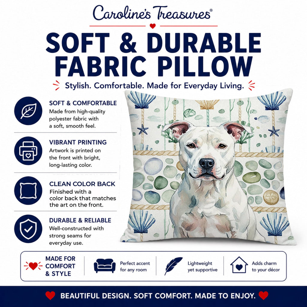 White American Staffordshire Terrier Coastal Sea Glass Decorative Throw Pillow 18x18 Indoor Outdoor Accent Cushion, Fabric Cover with Insert for Sofa, Bed, Porch & Living Room