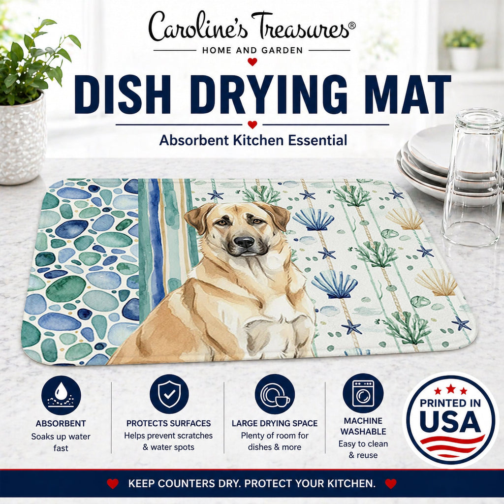 Anatolian Shepherd Dog Coastal Sea Glass Dish Drying Mat Absorbent Dish Drying Mat Pad for Kitchen Counter Dish Drainer Mat for Countertop, 14 x 21", Multicolor