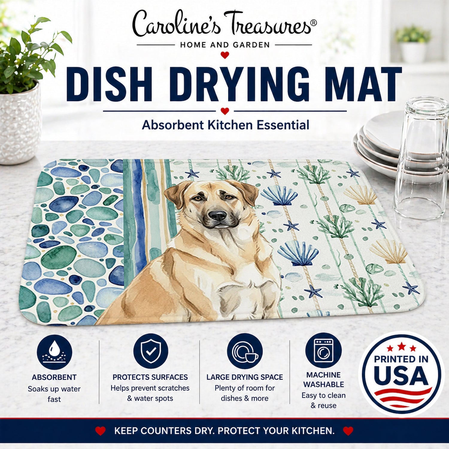 Anatolian Shepherd Dog Coastal Sea Glass Dish Drying Mat Absorbent Dish Drying Mat Pad for Kitchen Counter Dish Drainer Mat for Countertop, 14 x 21", Multicolor