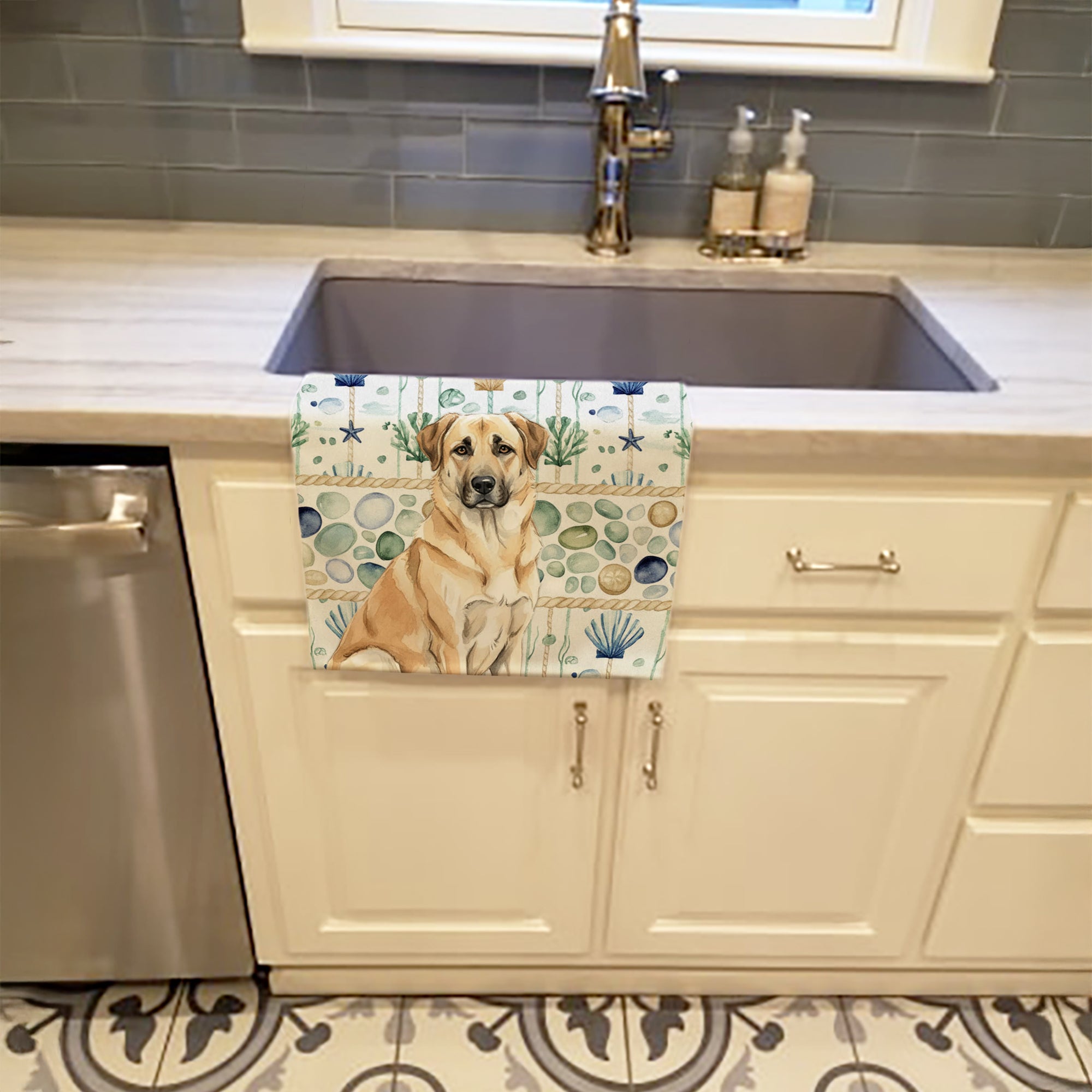 Anatolian Shepherd Dog Coastal Sea Glass Kitchen Towel Velour Plush Front and Cotton Loop Back Machine Washable