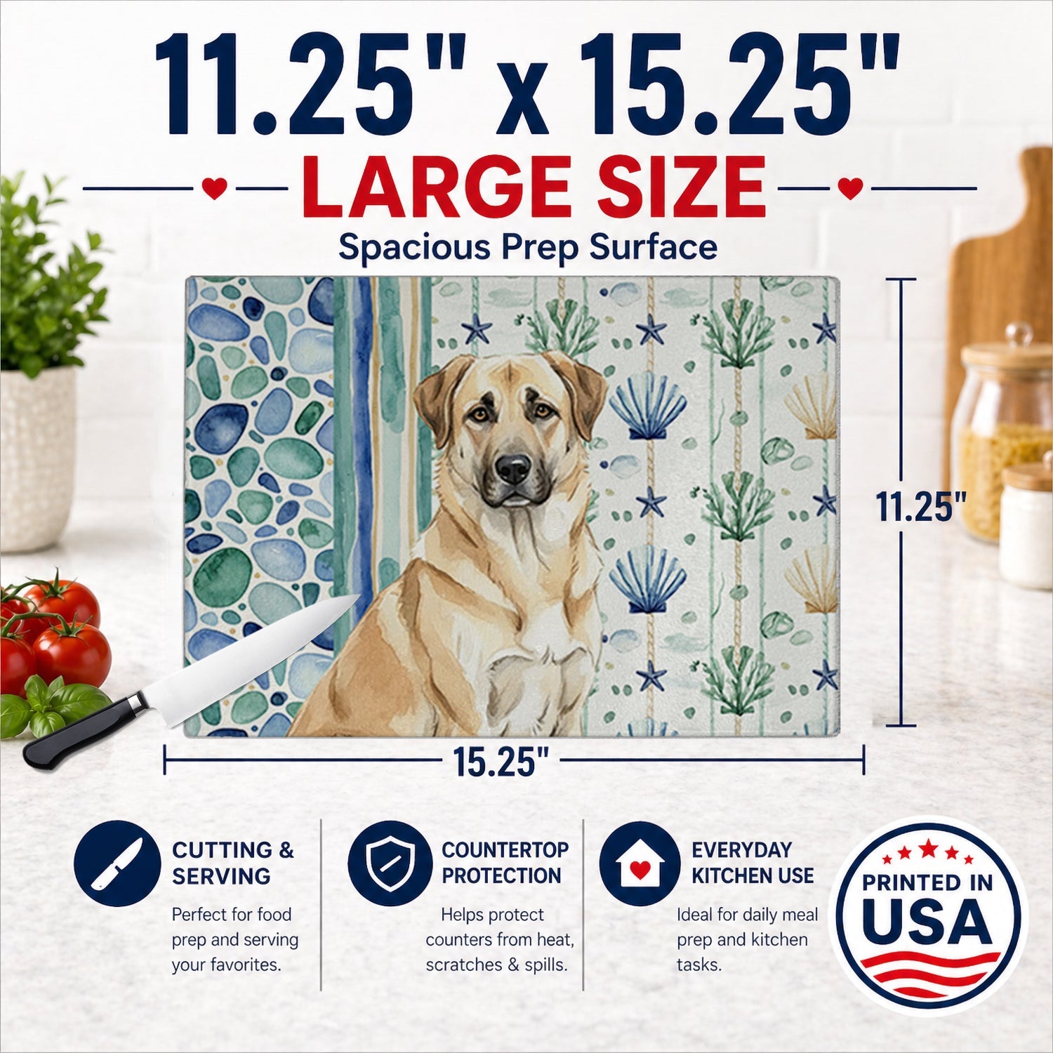 Anatolian Shepherd Dog Coastal Sea Glass Cutting Board Tempered Glass Kitchen Cutting Surface, Heat Resistant Chopping, Non-Slip Feet, Food Prep & Serving