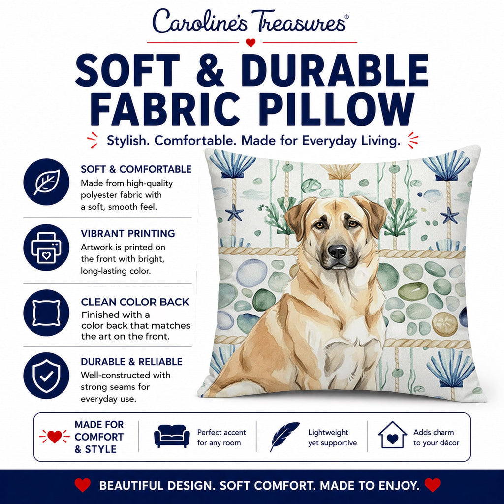 Anatolian Shepherd Dog Coastal Sea Glass Decorative Throw Pillow 14x14 Indoor Outdoor Accent Cushion, Fabric Cover with Insert for Sofa, Bed, Porch & Living Room