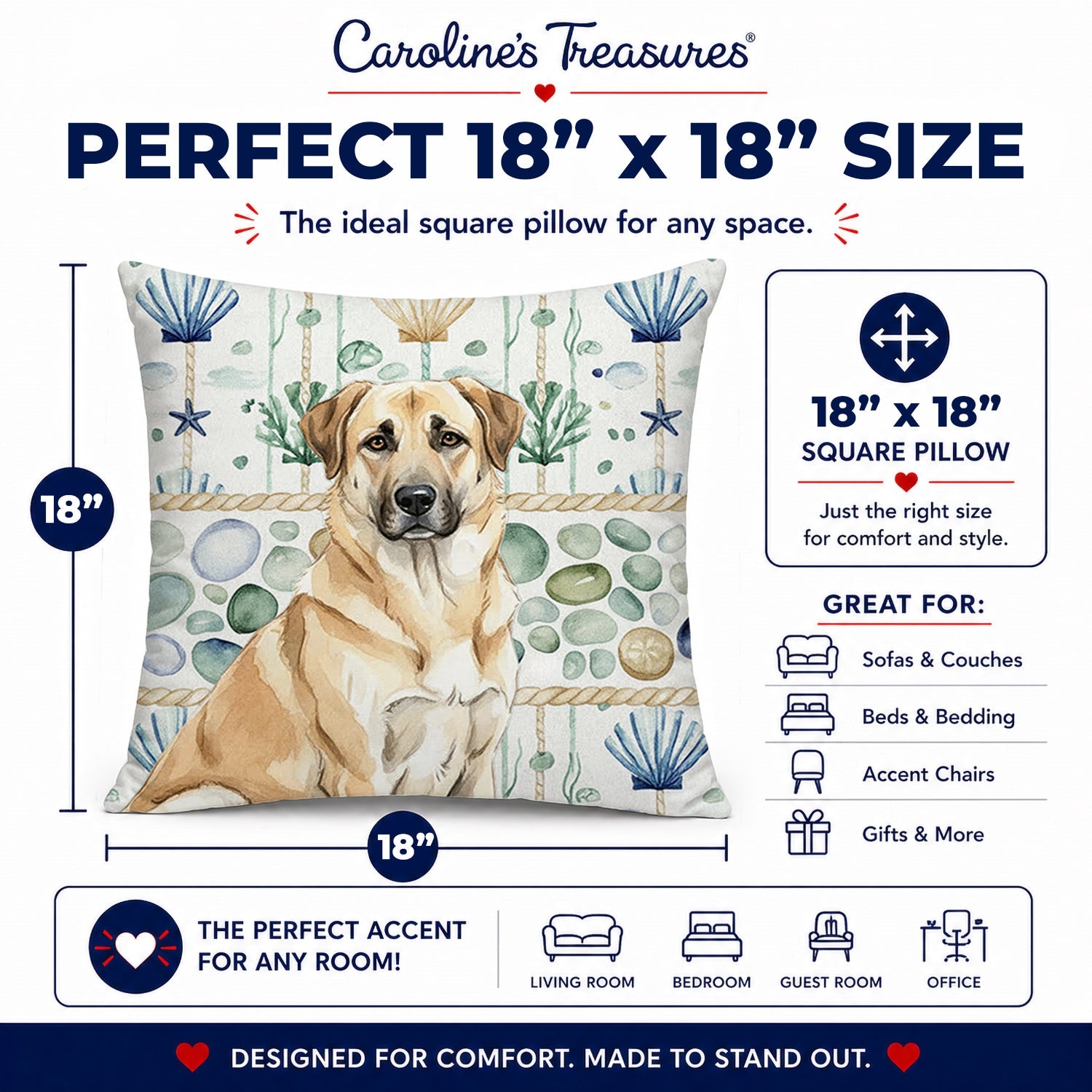 Anatolian Shepherd Dog Coastal Sea Glass Decorative Throw Pillow 18x18 Indoor Outdoor Accent Cushion, Fabric Cover with Insert for Sofa, Bed, Porch & Living Room