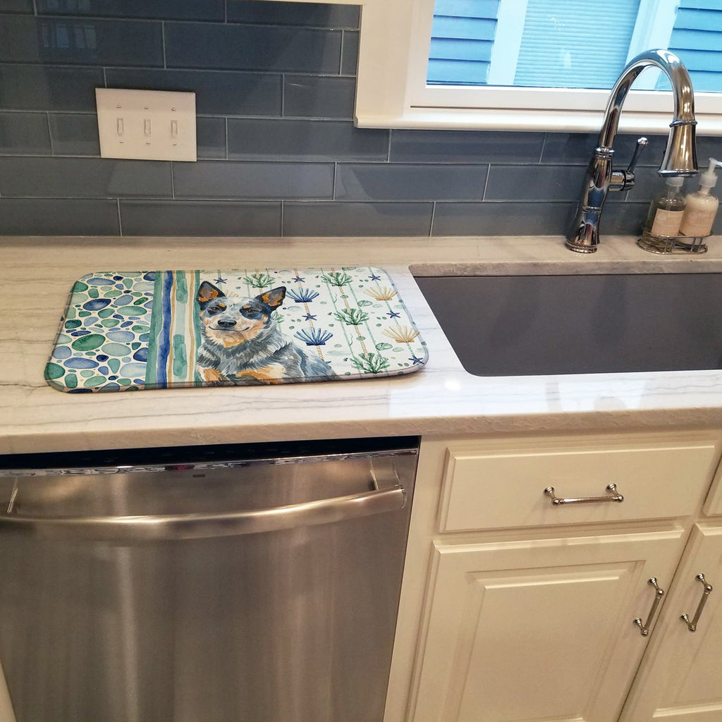 Blue Heeler Australian Cattle Dog Coastal Sea Glass Dish Drying Mat Absorbent Dish Drying Mat Pad for Kitchen Counter Dish Drainer Mat for Countertop, 14 x 21", Multicolor