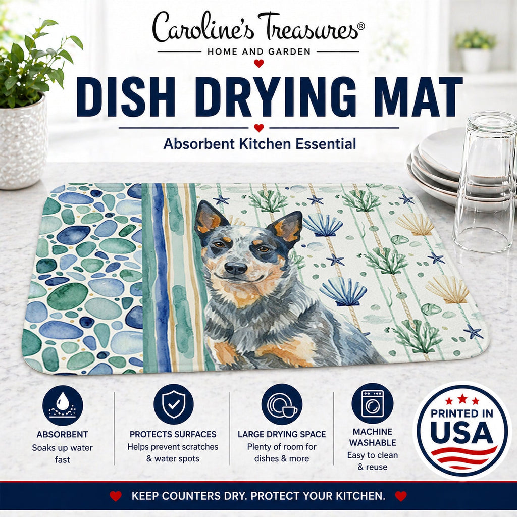 Blue Heeler Australian Cattle Dog Coastal Sea Glass Dish Drying Mat Absorbent Dish Drying Mat Pad for Kitchen Counter Dish Drainer Mat for Countertop, 14 x 21", Multicolor