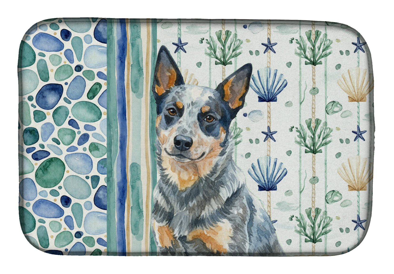 Blue Heeler Australian Cattle Dog Coastal Sea Glass Dish Drying Mat Absorbent Dish Drying Mat Pad for Kitchen Counter Dish Drainer Mat for Countertop, 14 x 21", Multicolor
