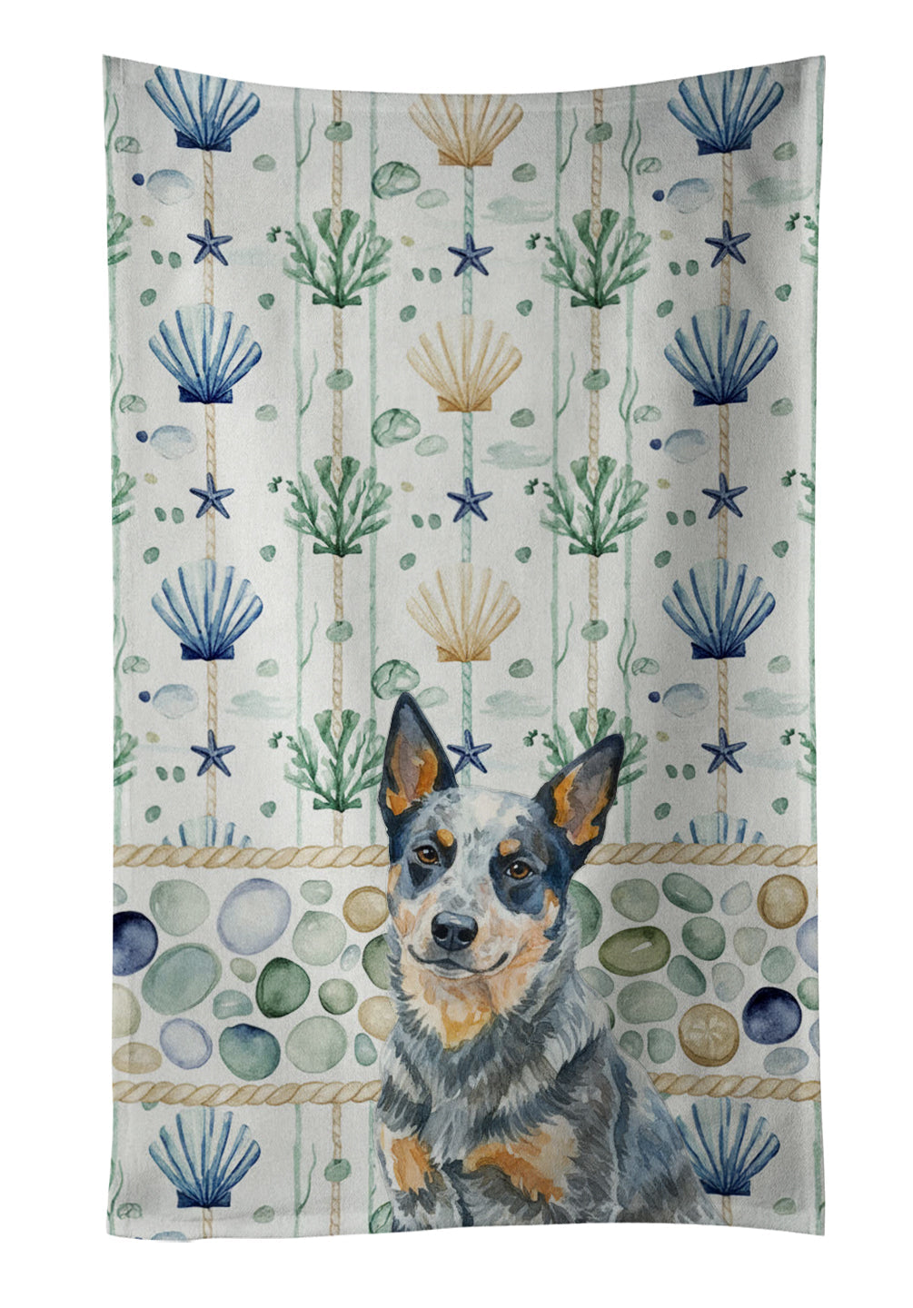 Blue Heeler Australian Cattle Dog Coastal Sea Glass Kitchen Towel Velour Plush Front and Cotton Loop Back Machine Washable