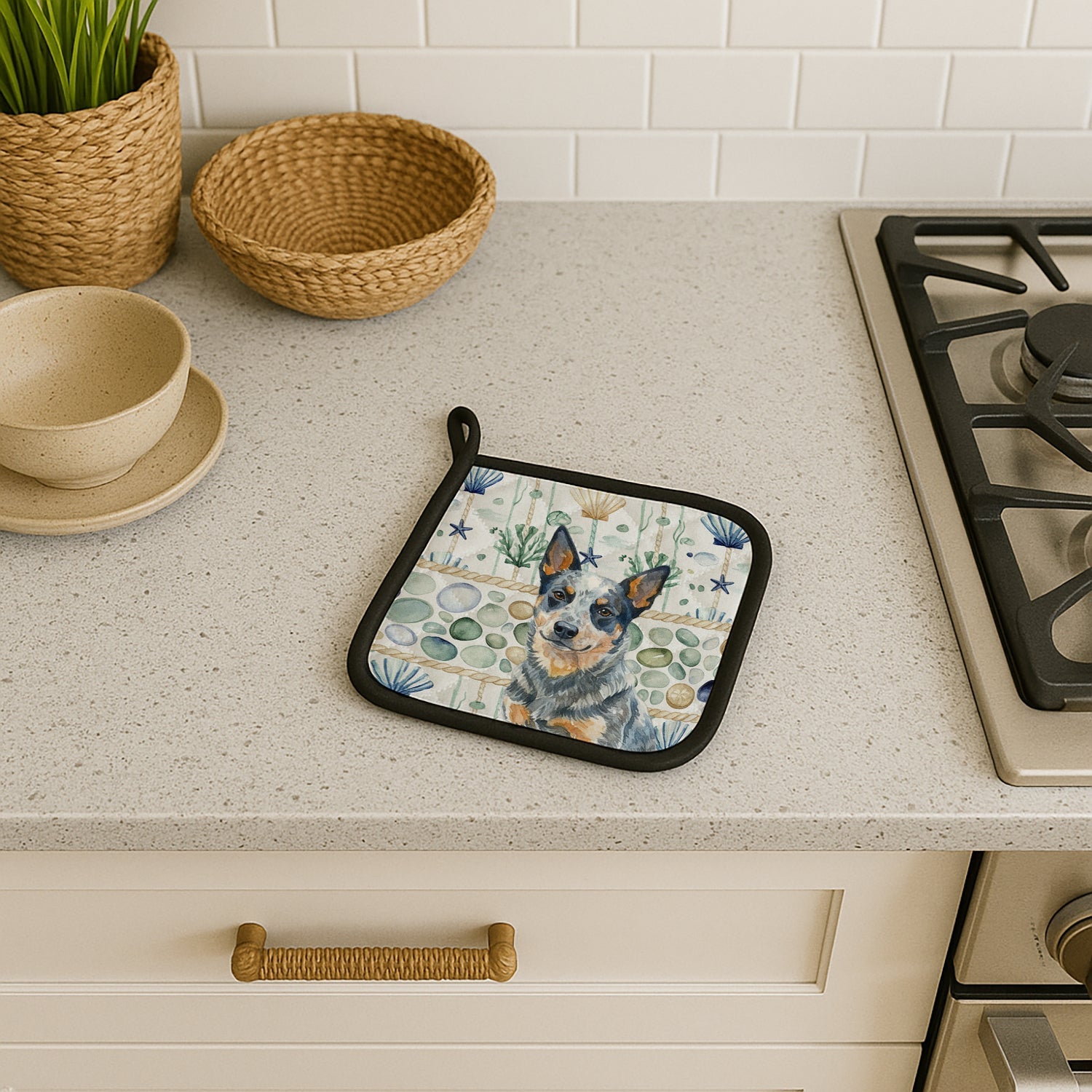 Blue Heeler Australian Cattle Dog Coastal Sea Glass Pot Holder Set of 2 Heat Resistant Quilted Hot Pads 7.5 x 7.5 Inch, Insulated Kitchen Trivets for Cooking & Baking
