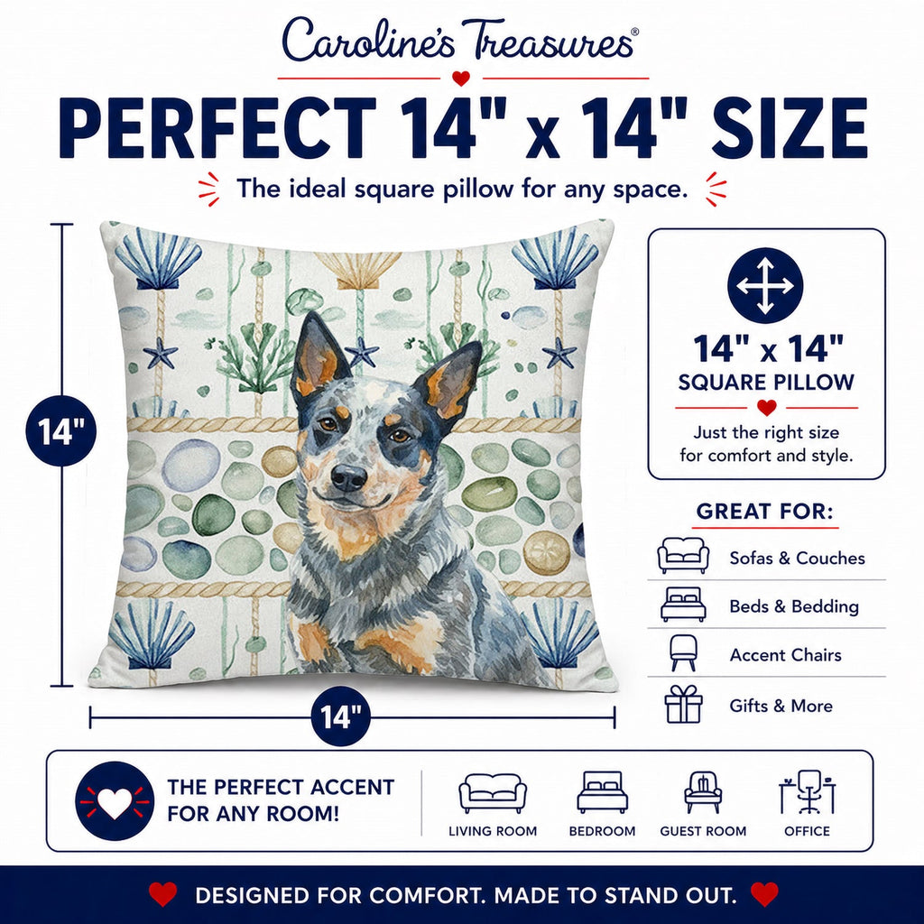 Blue Heeler Australian Cattle Dog Coastal Sea Glass Decorative Throw Pillow 14x14 Indoor Outdoor Accent Cushion, Fabric Cover with Insert for Sofa, Bed, Porch & Living Room