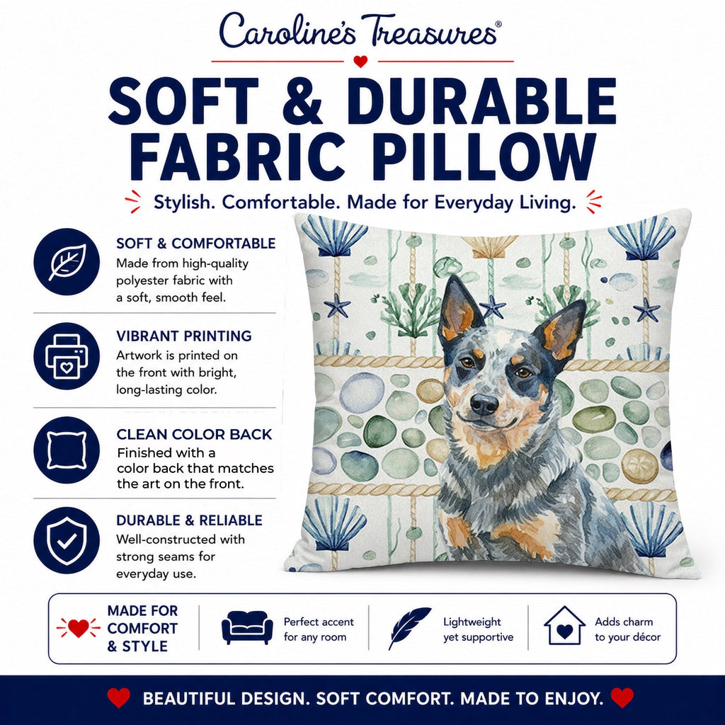 Blue Heeler Australian Cattle Dog Coastal Sea Glass Decorative Throw Pillow 18x18 Indoor Outdoor Accent Cushion, Fabric Cover with Insert for Sofa, Bed, Porch & Living Room