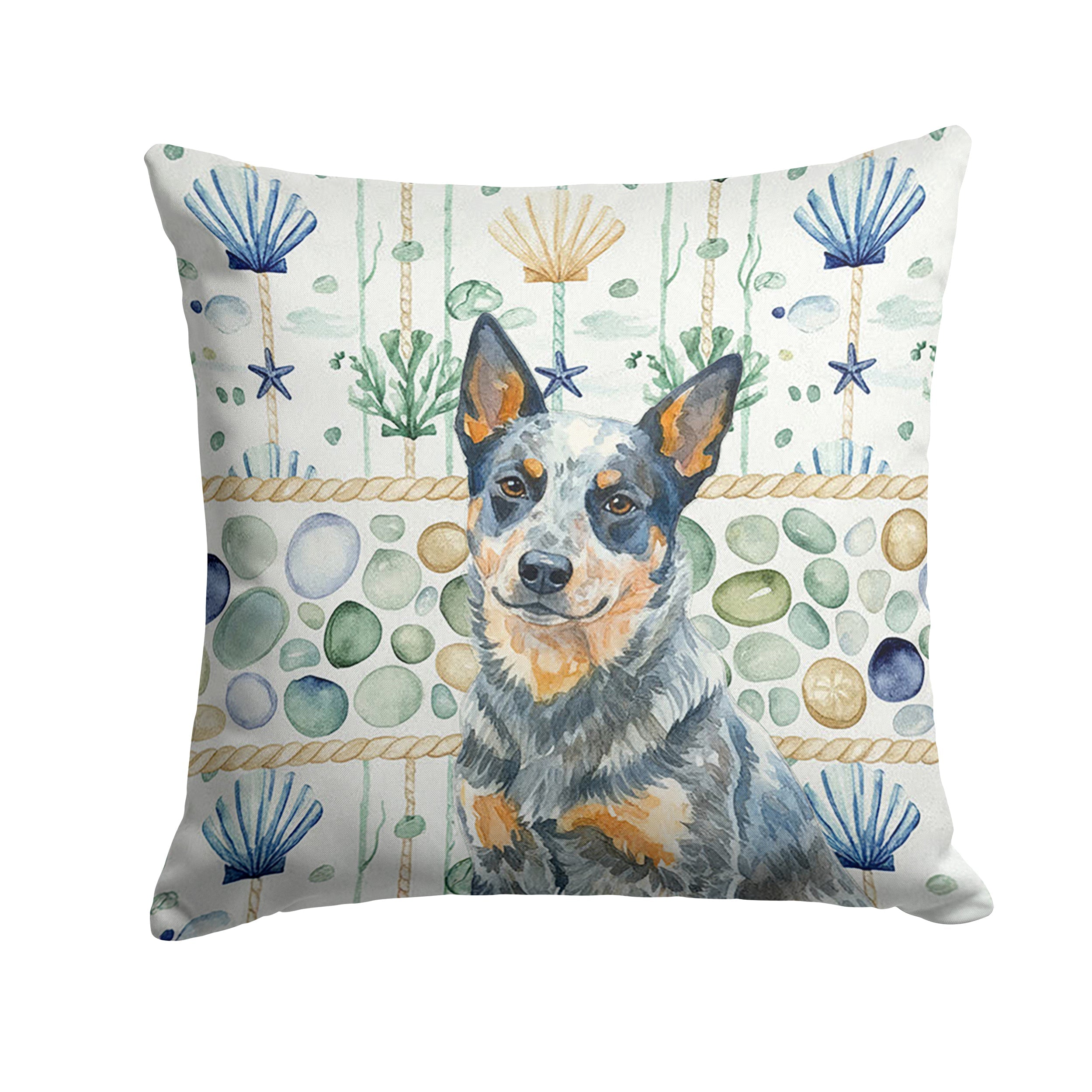 Blue Heeler Australian Cattle Dog Coastal Sea Glass Decorative Throw Pillow 18x18 Indoor Outdoor Accent Cushion, Fabric Cover with Insert for Sofa, Bed, Porch & Living Room