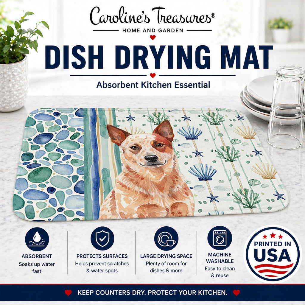 Red Heeler Australian Cattle Dog Coastal Sea Glass Dish Drying Mat Absorbent Dish Drying Mat Pad for Kitchen Counter Dish Drainer Mat for Countertop, 14 x 21", Multicolor