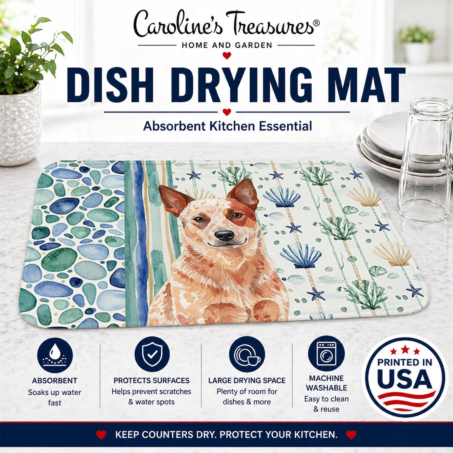 Red Heeler Australian Cattle Dog Coastal Sea Glass Dish Drying Mat Absorbent Dish Drying Mat Pad for Kitchen Counter Dish Drainer Mat for Countertop, 14 x 21", Multicolor