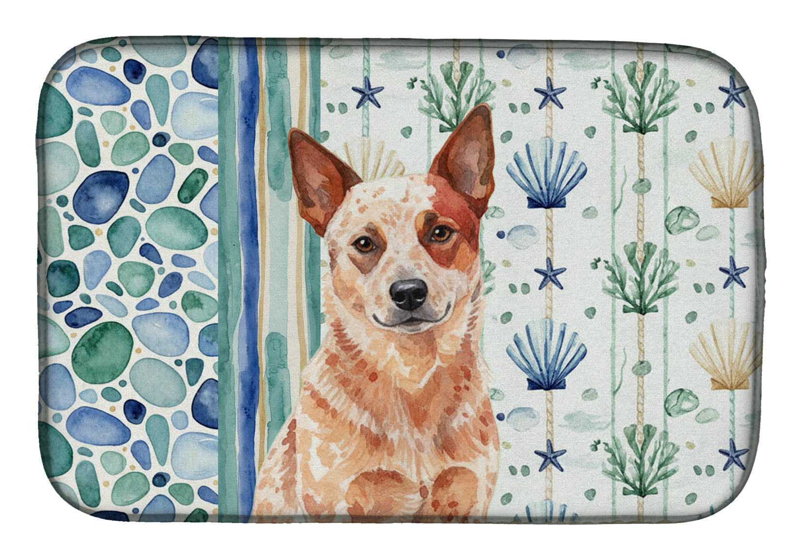 Red Heeler Australian Cattle Dog Coastal Sea Glass Dish Drying Mat Absorbent Dish Drying Mat Pad for Kitchen Counter Dish Drainer Mat for Countertop, 14 x 21", Multicolor