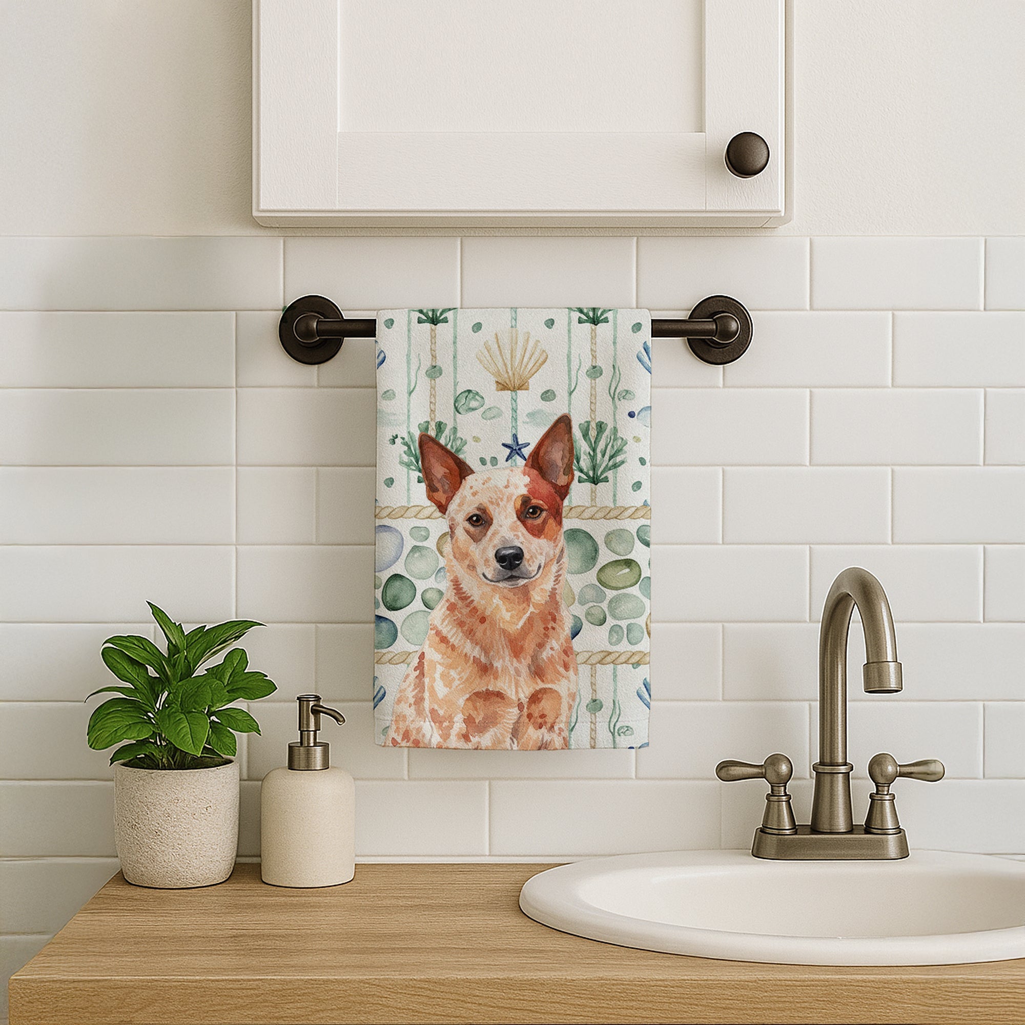 Red Heeler Australian Cattle Dog Coastal Sea Glass Kitchen Towel Velour Plush Front and Cotton Loop Back Machine Washable