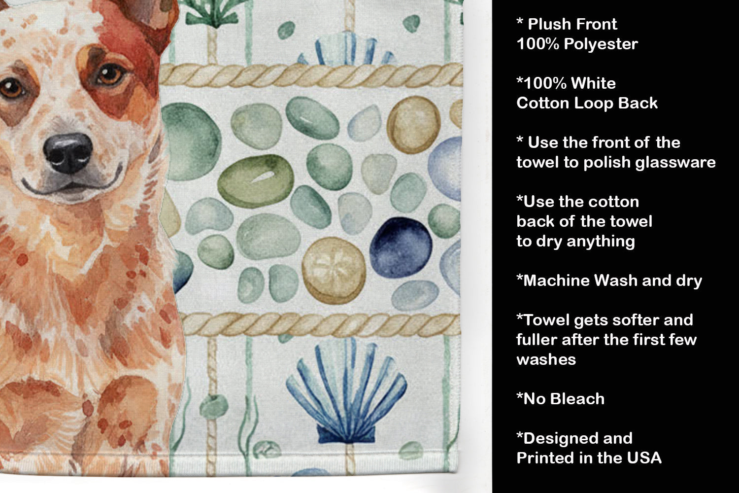 Red Heeler Australian Cattle Dog Coastal Sea Glass Kitchen Towel Velour Plush Front and Cotton Loop Back Machine Washable