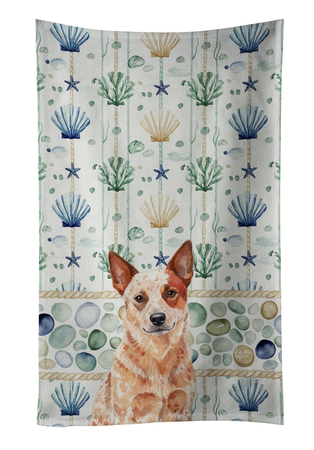 Red Heeler Australian Cattle Dog Coastal Sea Glass Kitchen Towel Velour Plush Front and Cotton Loop Back Machine Washable