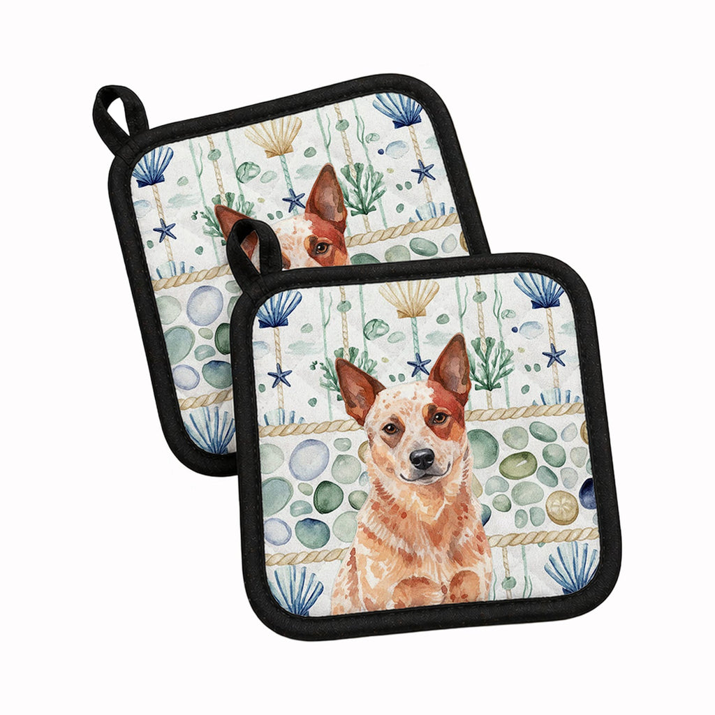 Red Heeler Australian Cattle Dog Coastal Sea Glass Pot Holder Set of 2 Heat Resistant Quilted Hot Pads 7.5 x 7.5 Inch, Insulated Kitchen Trivets for Cooking & Baking