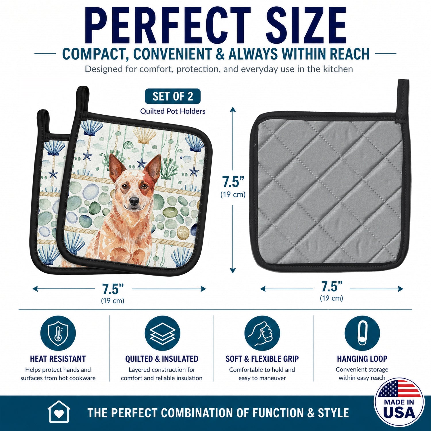 Red Heeler Australian Cattle Dog Coastal Sea Glass Pot Holder Set of 2 Heat Resistant Quilted Hot Pads 7.5 x 7.5 Inch, Insulated Kitchen Trivets for Cooking & Baking
