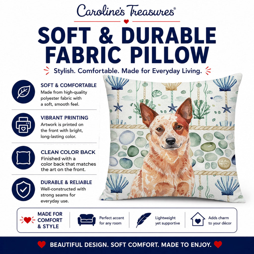 Red Heeler Australian Cattle Dog Coastal Sea Glass Decorative Throw Pillow 14x14 Indoor Outdoor Accent Cushion, Fabric Cover with Insert for Sofa, Bed, Porch & Living Room