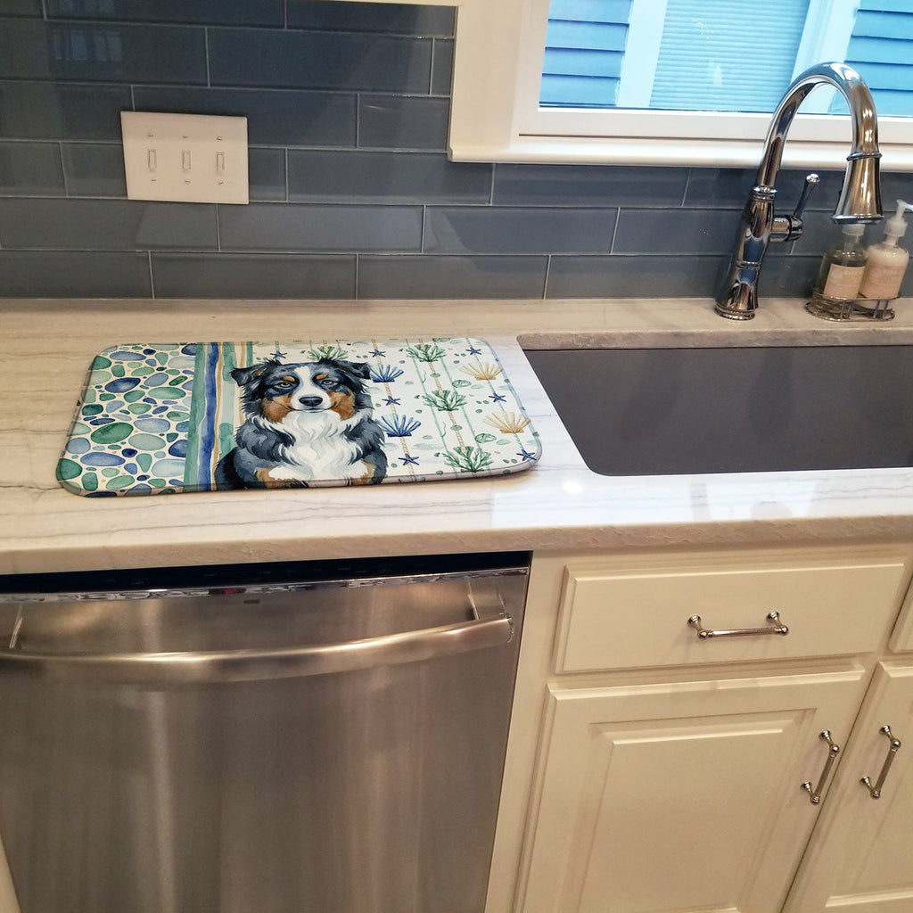 Black Australian Shepherd Coastal Sea Glass Dish Drying Mat Absorbent Dish Drying Mat Pad for Kitchen Counter Dish Drainer Mat for Countertop, 14 x 21", Multicolor