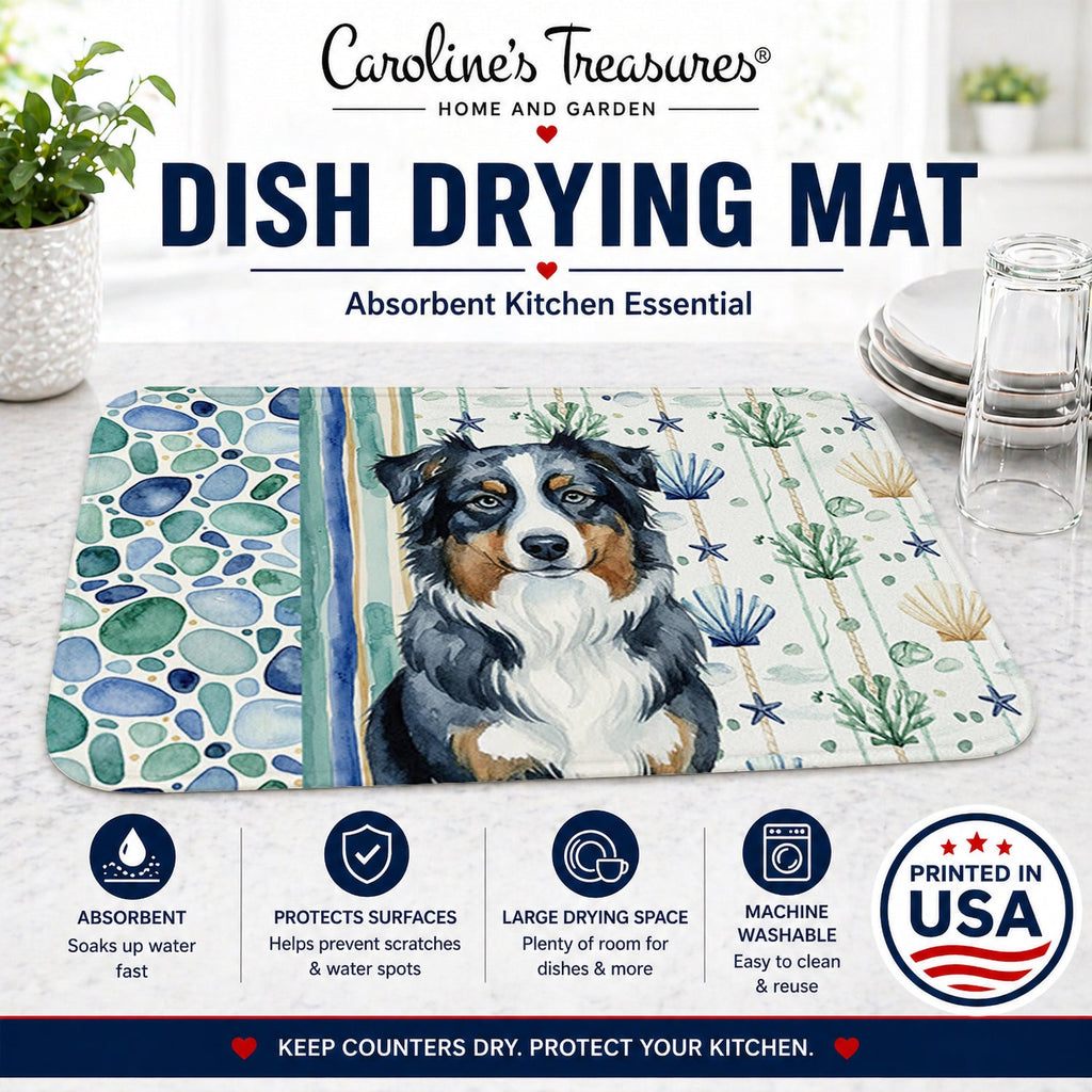 Black Australian Shepherd Coastal Sea Glass Dish Drying Mat Absorbent Dish Drying Mat Pad for Kitchen Counter Dish Drainer Mat for Countertop, 14 x 21", Multicolor