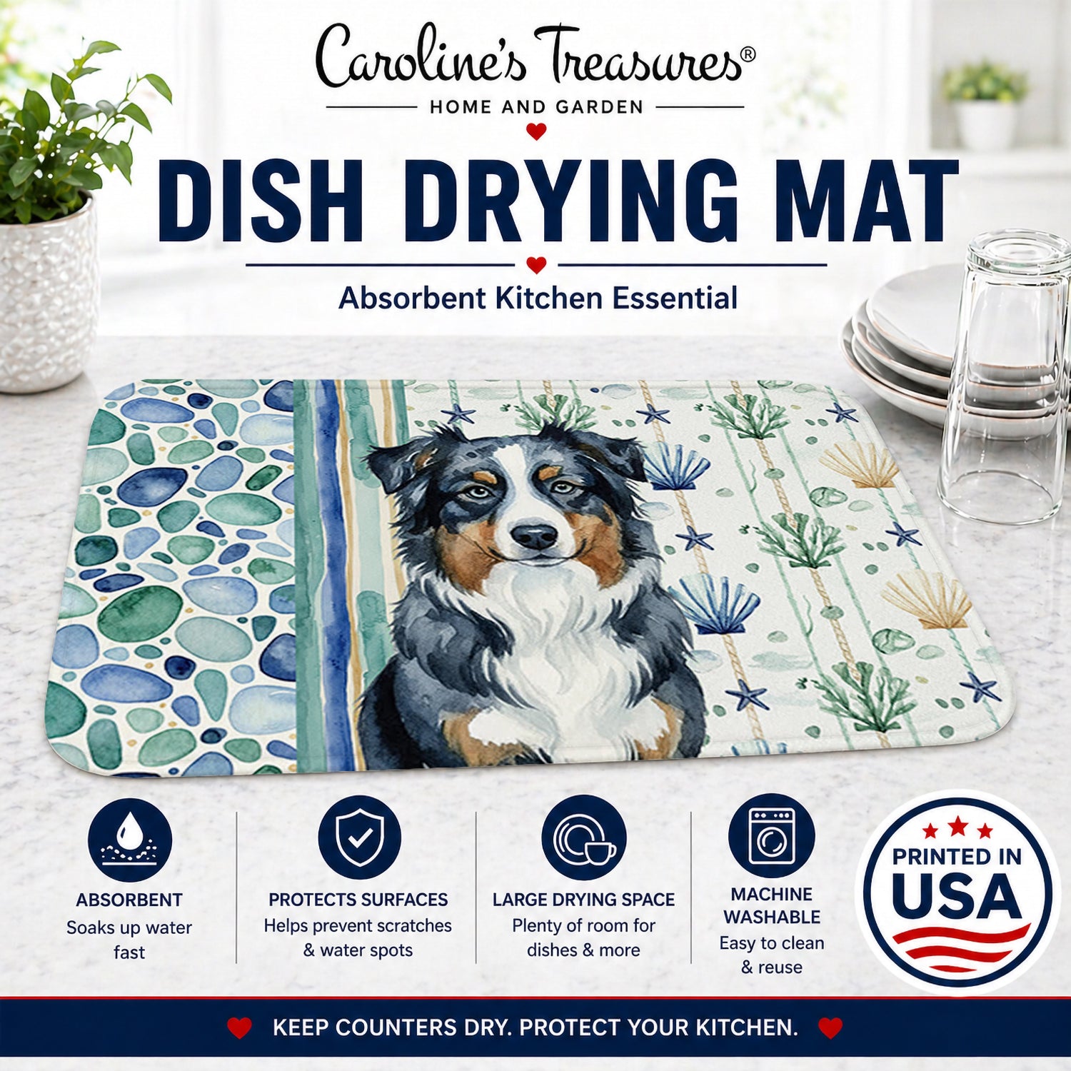 Black Australian Shepherd Coastal Sea Glass Dish Drying Mat Absorbent Dish Drying Mat Pad for Kitchen Counter Dish Drainer Mat for Countertop, 14 x 21", Multicolor
