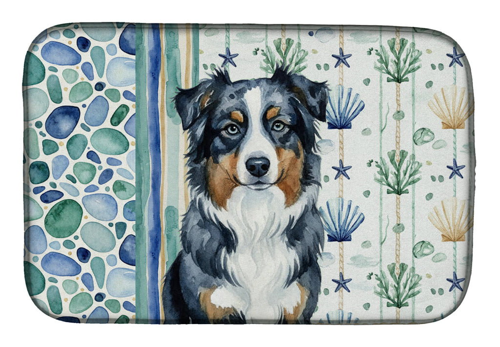 Black Australian Shepherd Coastal Sea Glass Dish Drying Mat Absorbent Dish Drying Mat Pad for Kitchen Counter Dish Drainer Mat for Countertop, 14 x 21", Multicolor