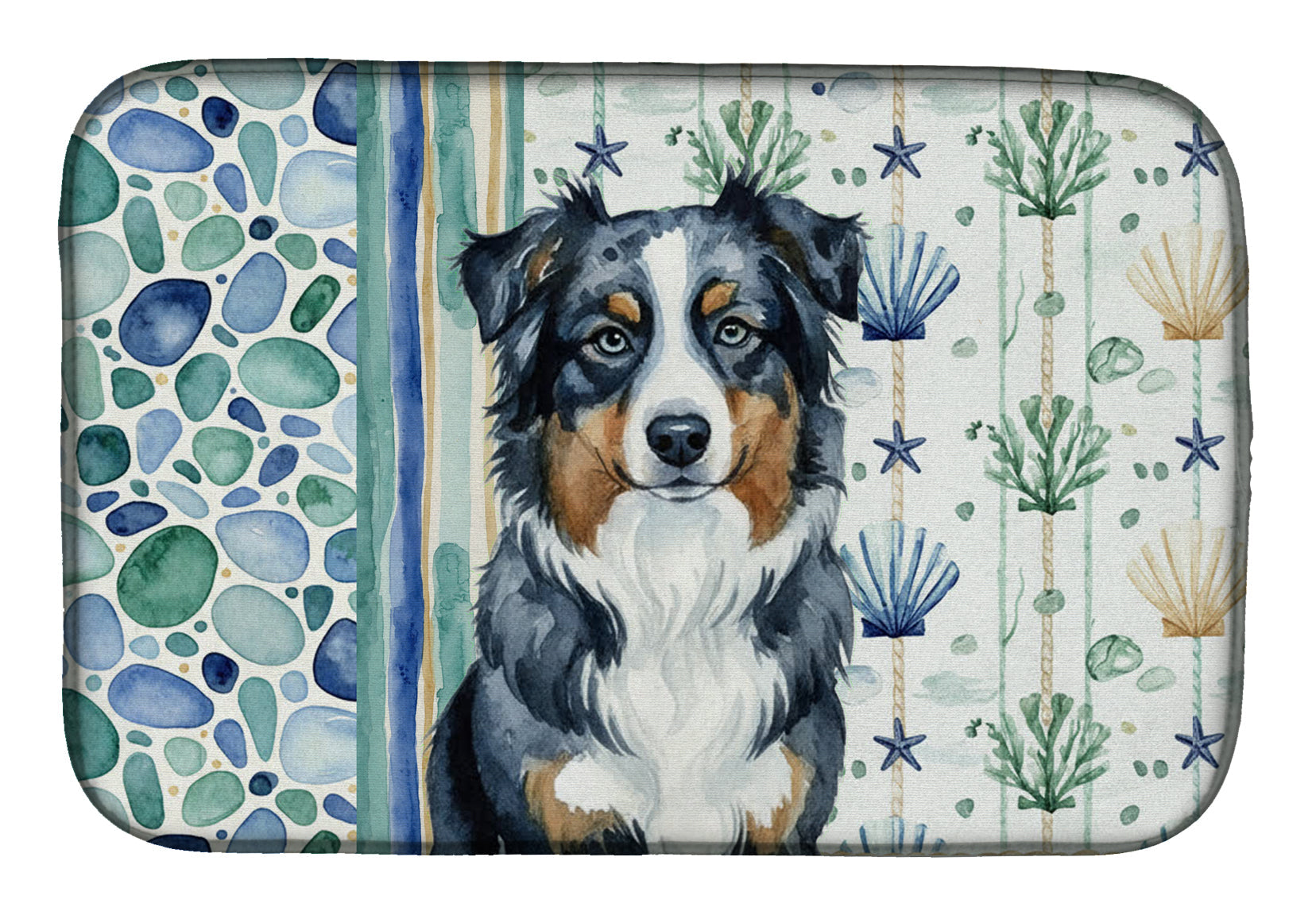 Black Australian Shepherd Coastal Sea Glass Dish Drying Mat Absorbent Dish Drying Mat Pad for Kitchen Counter Dish Drainer Mat for Countertop, 14 x 21", Multicolor