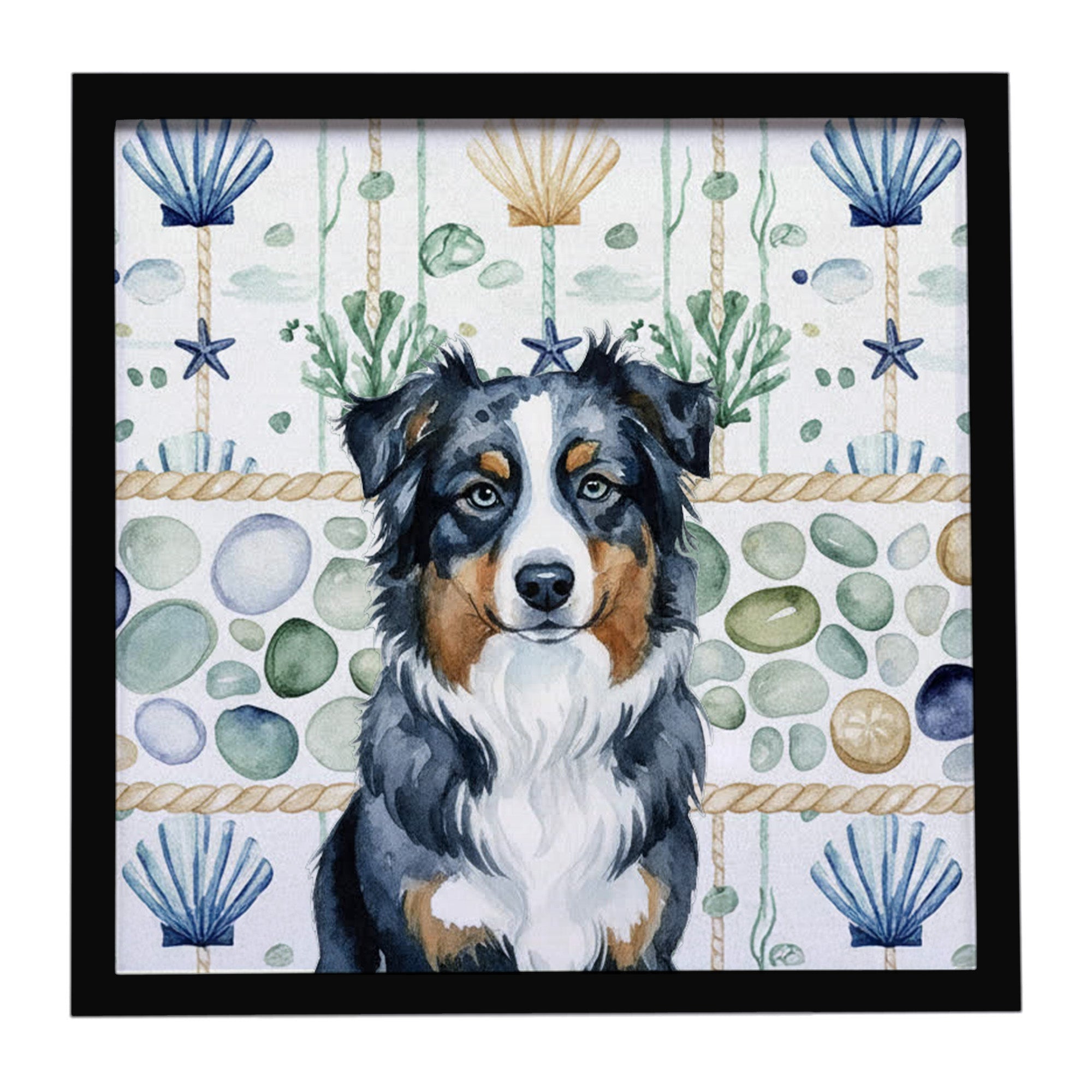 Black Australian Shepherd Coastal Sea Glass Framed Metal Print Bathroom, Kitchen, Office, Home Decor Wall Art Ready to Hang, Square, 8X8
