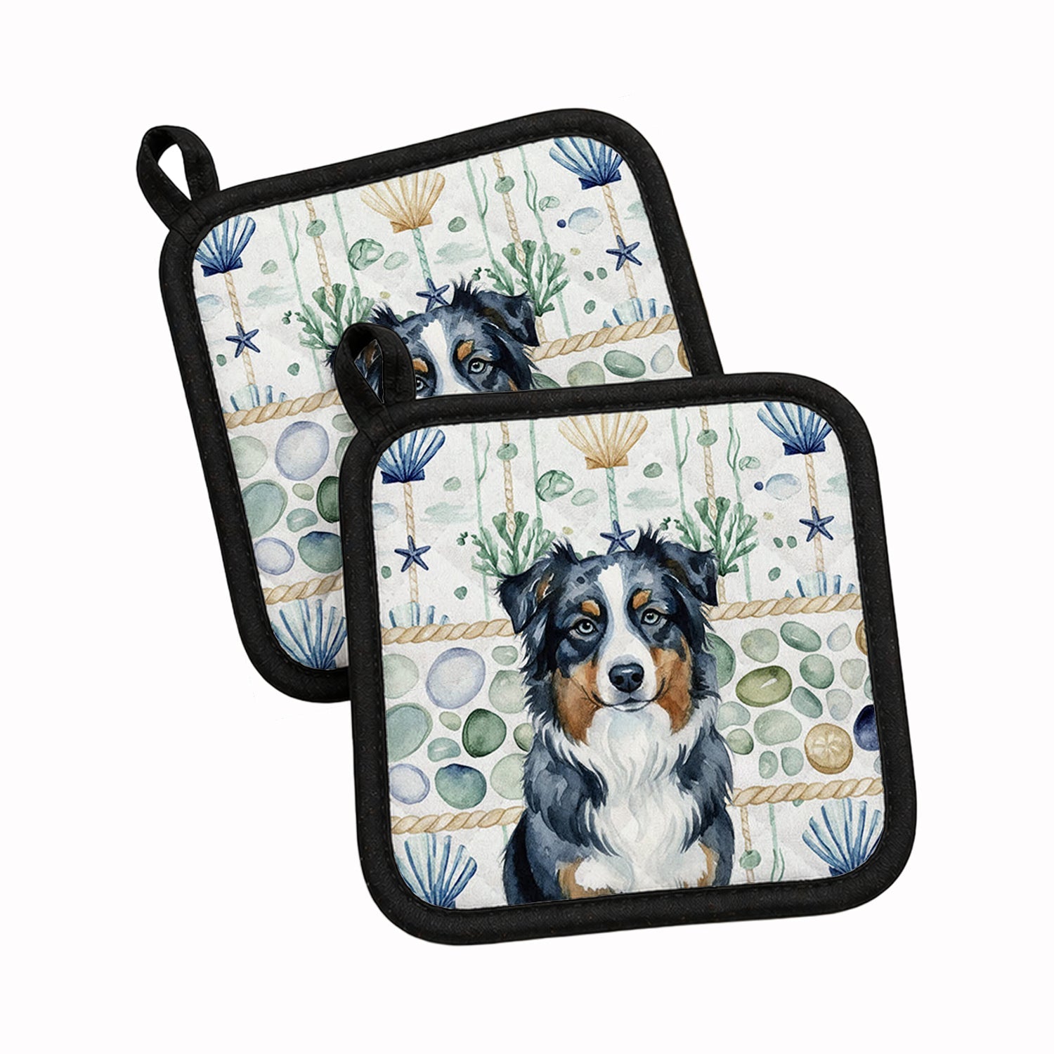 Black Australian Shepherd Coastal Sea Glass Pot Holder Set of 2 Heat Resistant Quilted Hot Pads 7.5 x 7.5 Inch, Insulated Kitchen Trivets for Cooking & Baking
