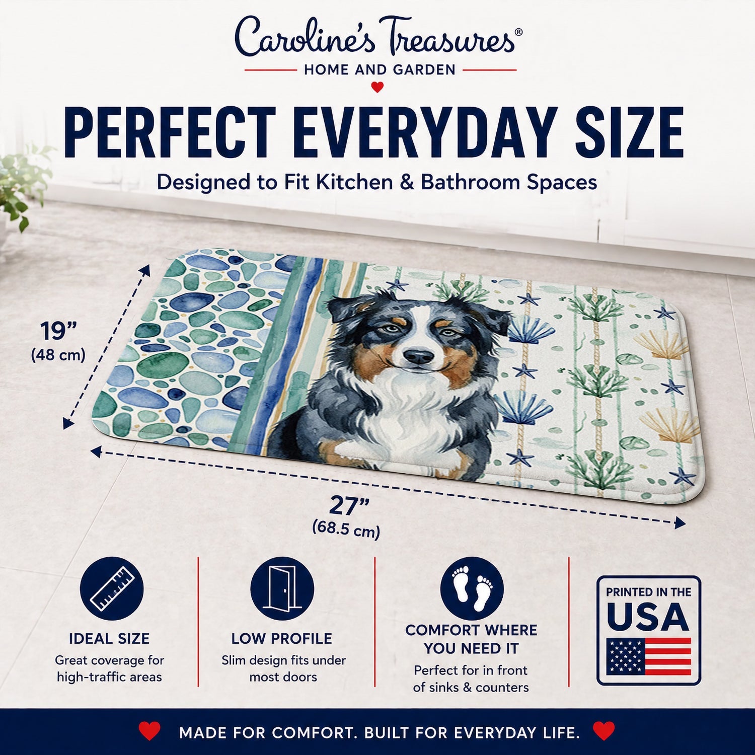 Black Australian Shepherd Coastal Sea Glass Memory Foam Kitchen Mat Machine Washable Anti-Fatigue Cushion Comfort Bath or Kitchen Rug