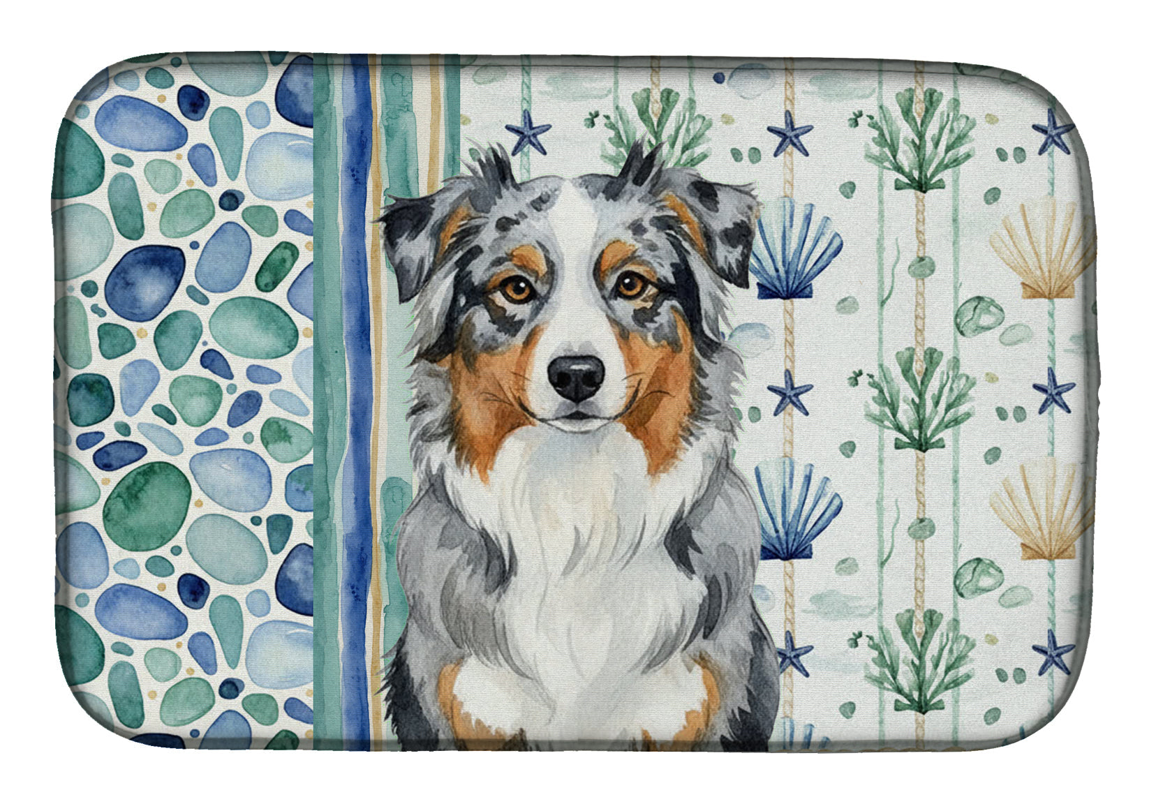 Blue Merle Australian Shepherd Coastal Sea Glass Dish Drying Mat Absorbent Dish Drying Mat Pad for Kitchen Counter Dish Drainer Mat for Countertop, 14 x 21", Multicolor