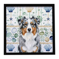 Blue Merle Australian Shepherd Coastal Sea Glass Framed Metal Print Bathroom, Kitchen, Office, Home Decor Wall Art Ready to Hang, Square, 8X8