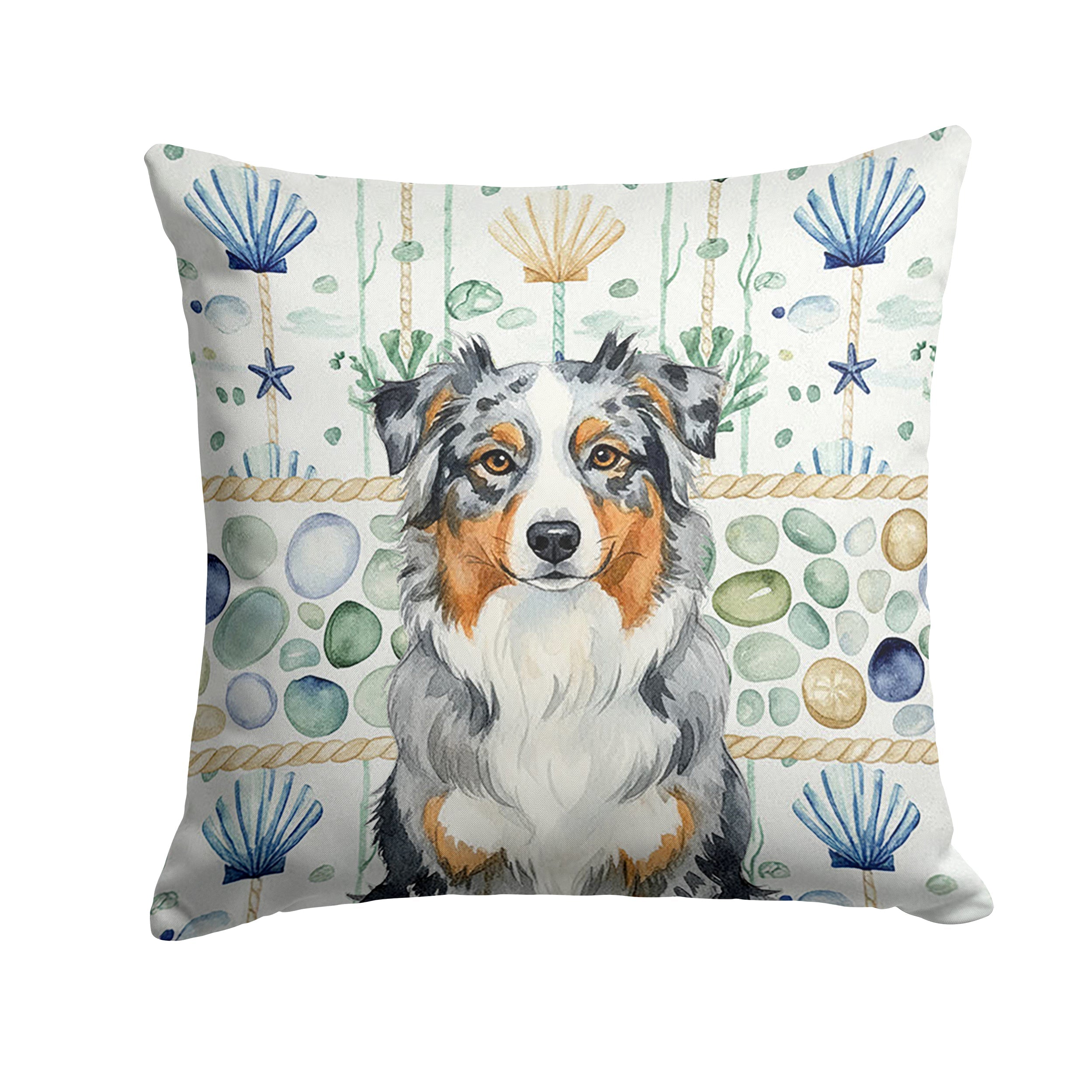 Blue Merle Australian Shepherd Coastal Sea Glass Decorative Throw Pillow 18x18 Indoor Outdoor Accent Cushion, Fabric Cover with Insert for Sofa, Bed, Porch & Living Room