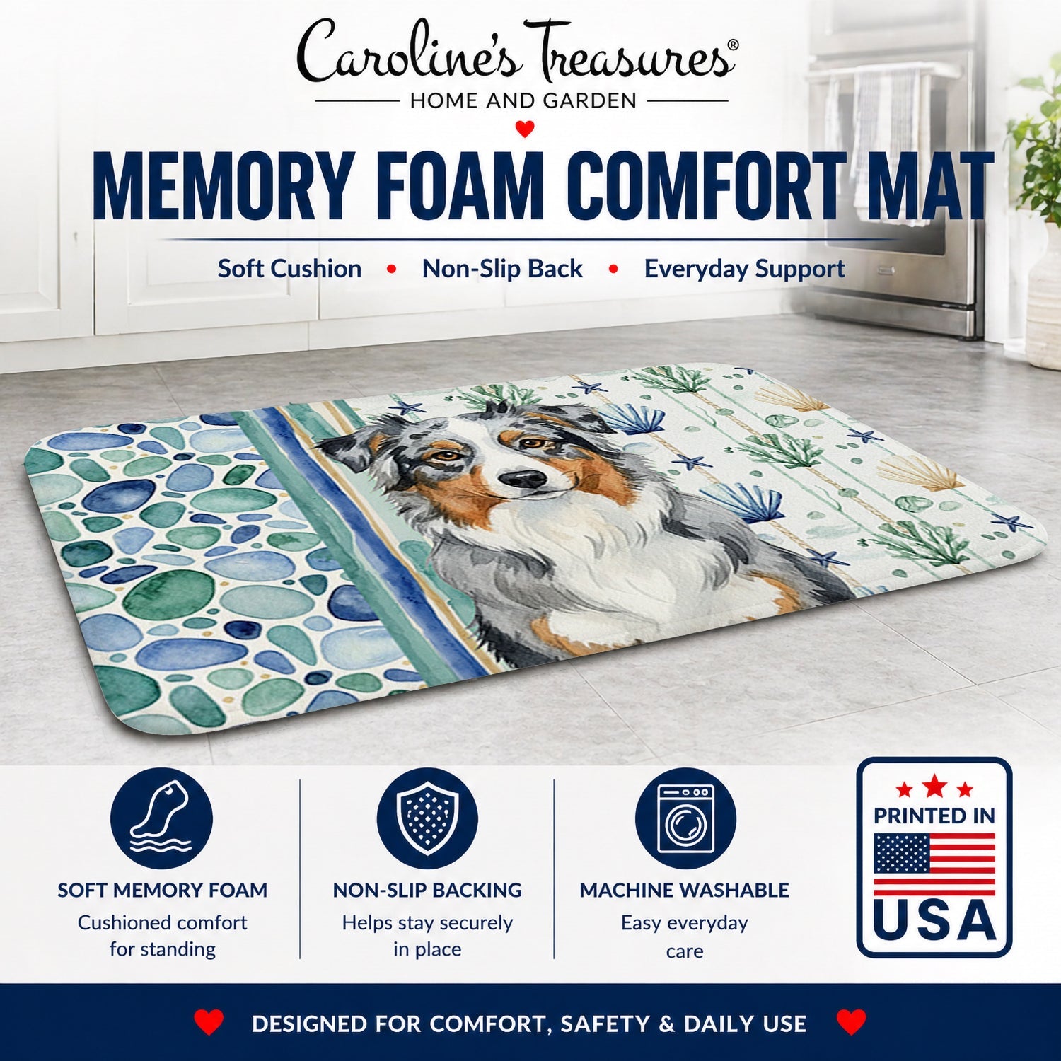 Blue Merle Australian Shepherd Coastal Sea Glass Memory Foam Kitchen Mat Machine Washable Anti-Fatigue Cushion Comfort Bath or Kitchen Rug