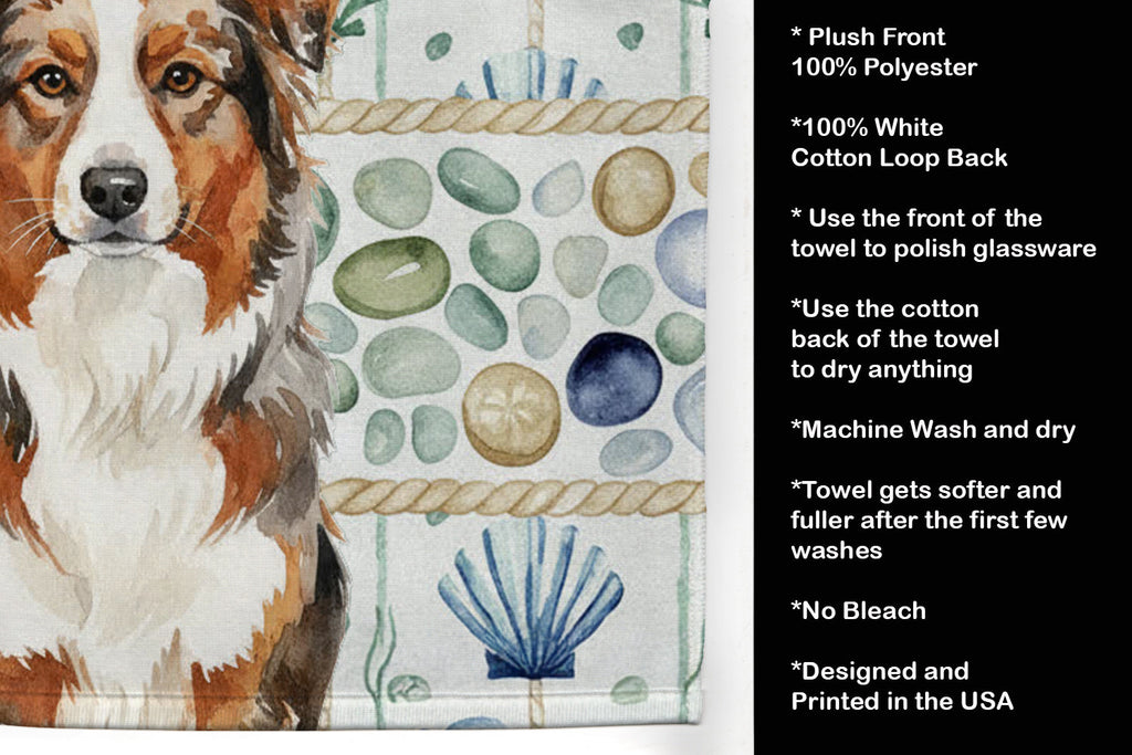 Red Merle Australian Shepherd Coastal Sea Glass Kitchen Towel Velour Plush Front and Cotton Loop Back Machine Washable