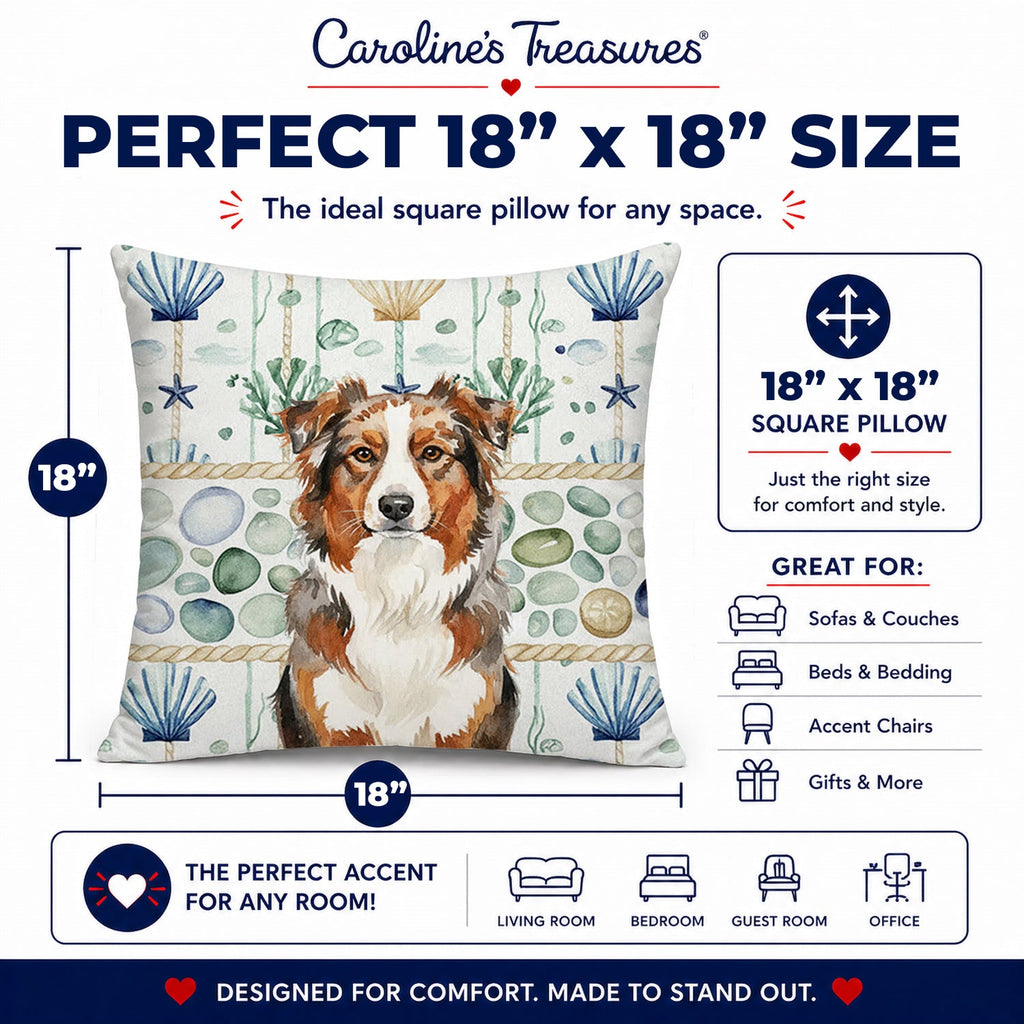 Red Merle Australian Shepherd Coastal Sea Glass Decorative Throw Pillow 18x18 Indoor Outdoor Accent Cushion, Fabric Cover with Insert for Sofa, Bed, Porch & Living Room