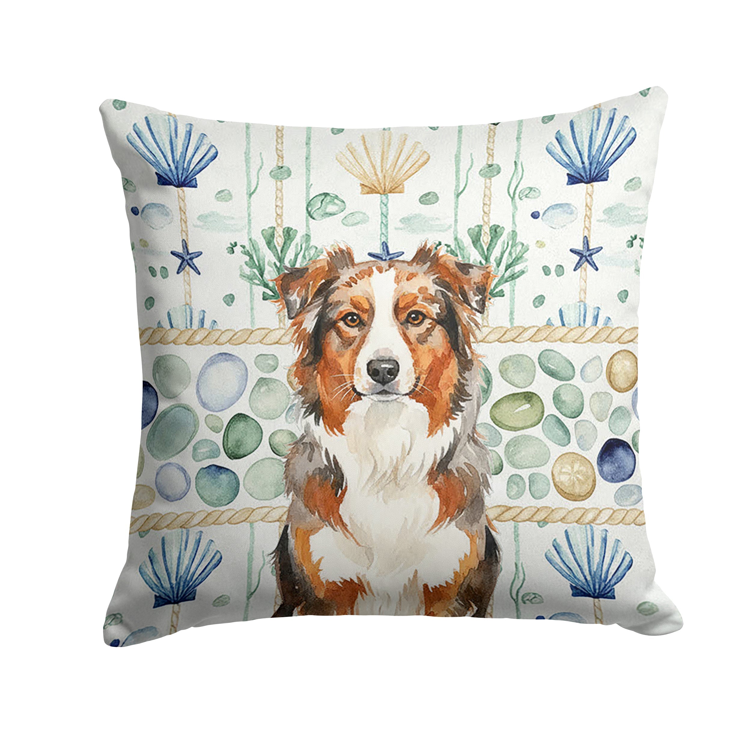 Red Merle Australian Shepherd Coastal Sea Glass Decorative Throw Pillow 18x18 Indoor Outdoor Accent Cushion, Fabric Cover with Insert for Sofa, Bed, Porch & Living Room