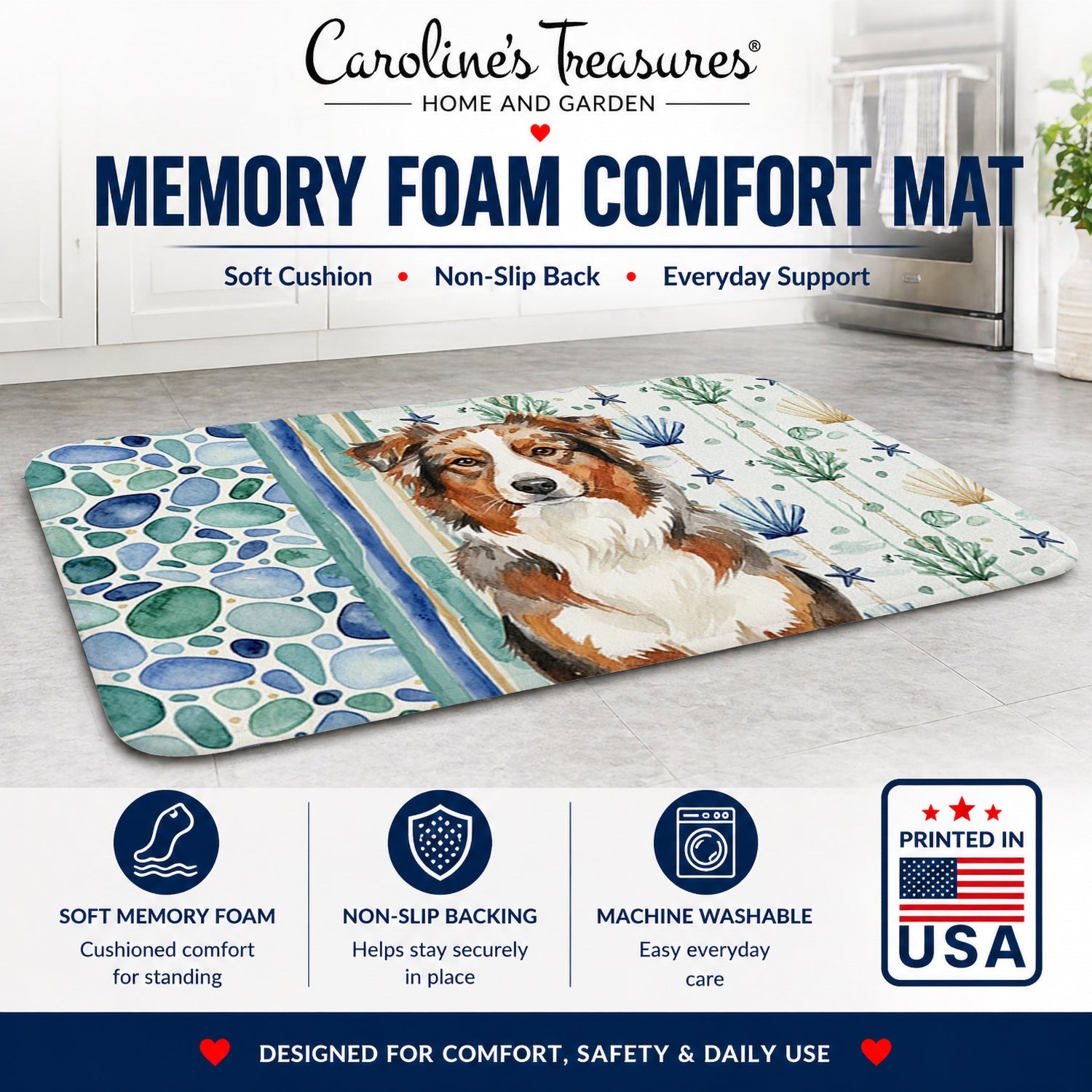Red Merle Australian Shepherd Coastal Sea Glass Memory Foam Kitchen Mat Machine Washable Anti-Fatigue Cushion Comfort Bath or Kitchen Rug