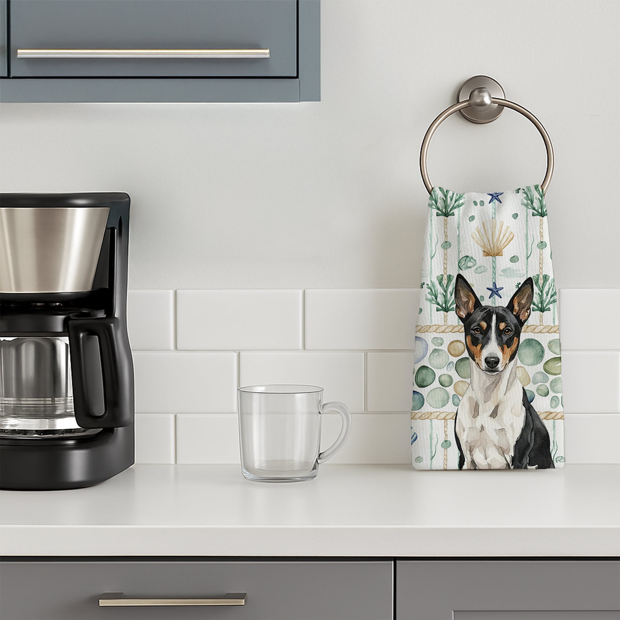 Black and White Basenji Coastal Sea Glass Kitchen Towel Velour Plush Front and Cotton Loop Back Machine Washable