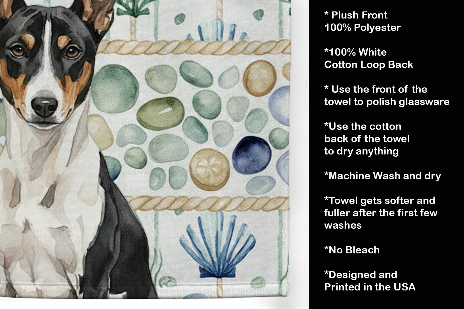 Black and White Basenji Coastal Sea Glass Kitchen Towel Velour Plush Front and Cotton Loop Back Machine Washable