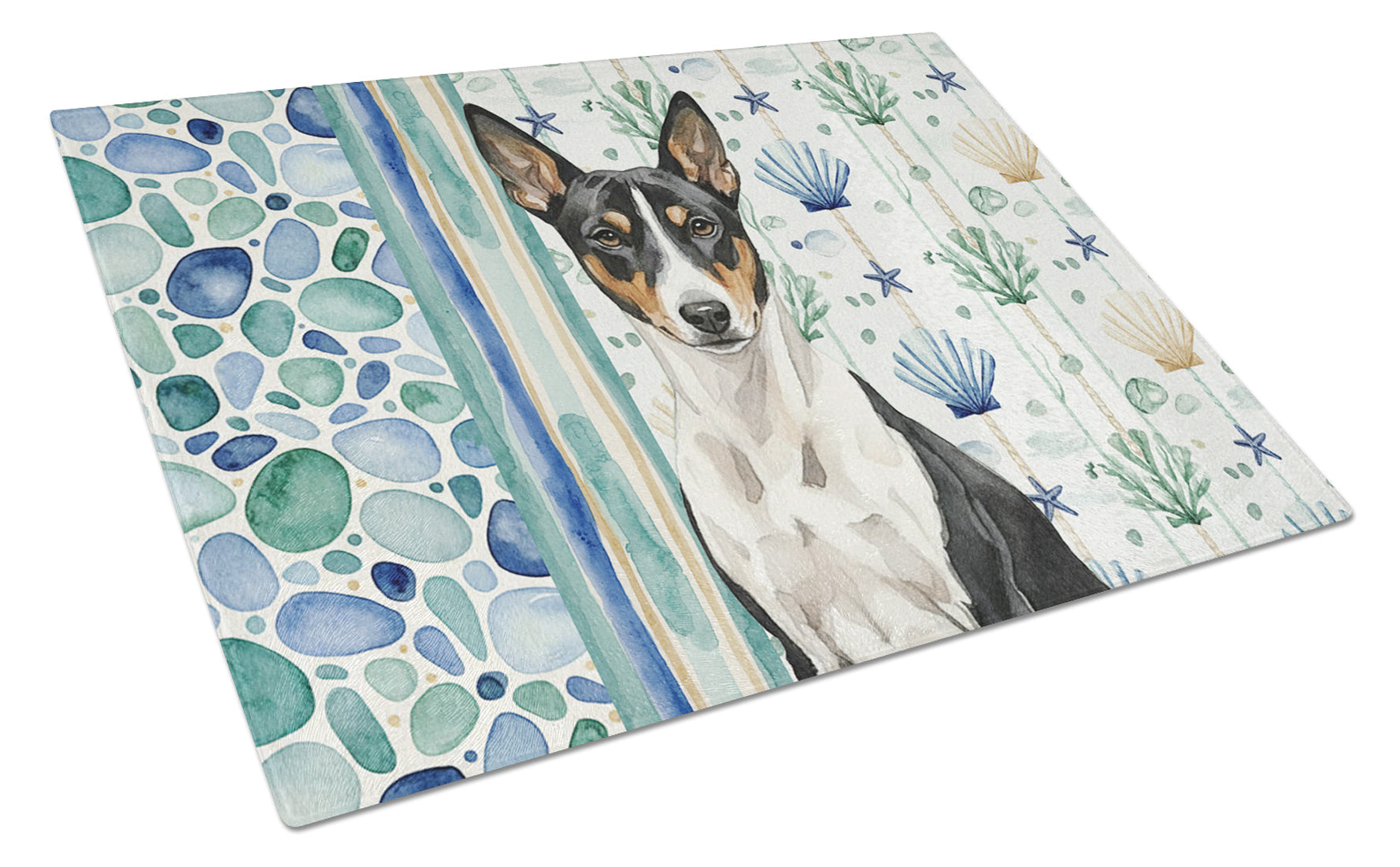 Black and White Basenji Coastal Sea Glass Cutting Board Tempered Glass Kitchen Cutting Surface, Heat Resistant Chopping, Non-Slip Feet, Food Prep & Serving