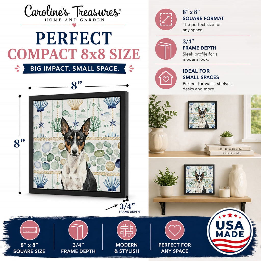 Black and White Basenji Coastal Sea Glass Framed Metal Print Bathroom, Kitchen, Office, Home Decor Wall Art Ready to Hang, Square, 8X8