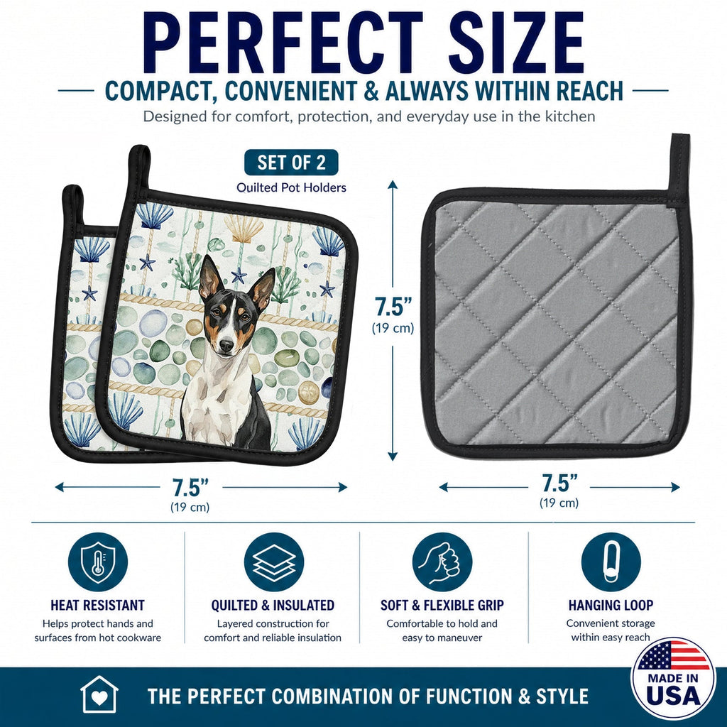 Black and White Basenji Coastal Sea Glass Pot Holder Set of 2 Heat Resistant Quilted Hot Pads 7.5 x 7.5 Inch, Insulated Kitchen Trivets for Cooking & Baking