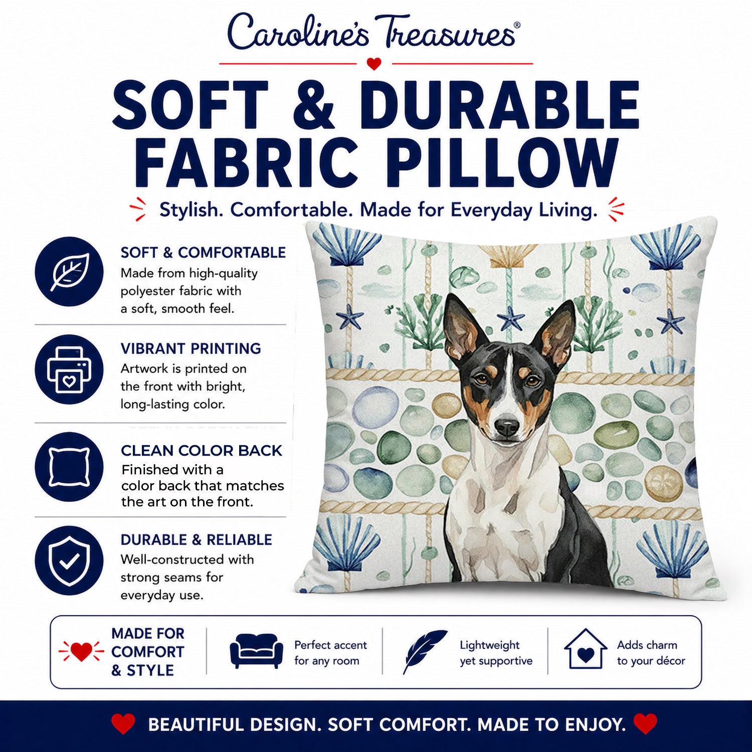 Black and White Basenji Coastal Sea Glass Decorative Throw Pillow 14x14 Indoor Outdoor Accent Cushion, Fabric Cover with Insert for Sofa, Bed, Porch & Living Room