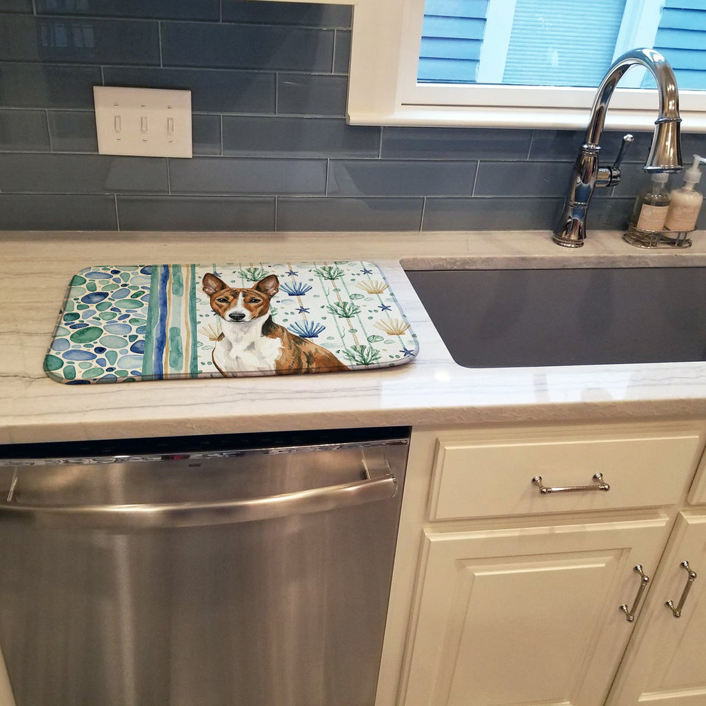 Brindle and White Basenji Coastal Sea Glass Dish Drying Mat Absorbent Dish Drying Mat Pad for Kitchen Counter Dish Drainer Mat for Countertop, 14 x 21", Multicolor