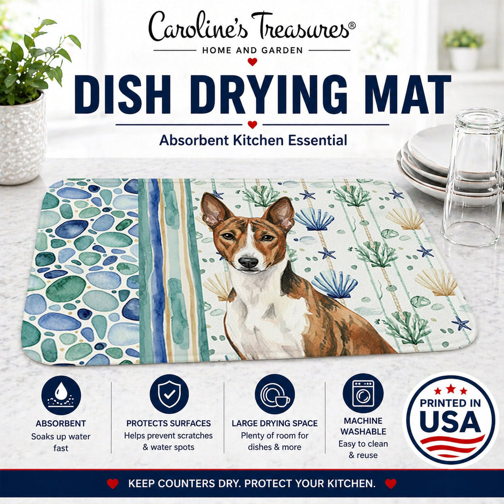 Brindle and White Basenji Coastal Sea Glass Dish Drying Mat Absorbent Dish Drying Mat Pad for Kitchen Counter Dish Drainer Mat for Countertop, 14 x 21", Multicolor